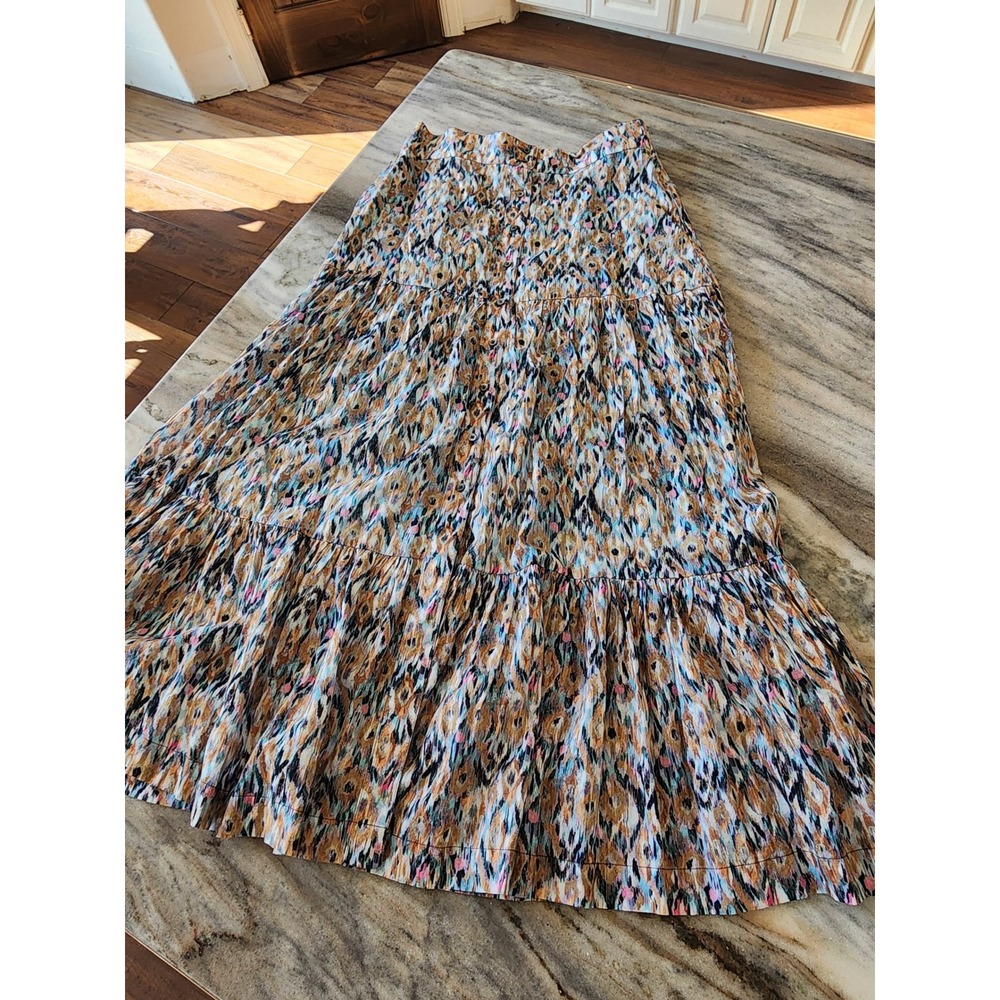NIC+ZOE Womens Abstract Ikat Tiered Button Front Maxi Skirt Tan Blue Pink M